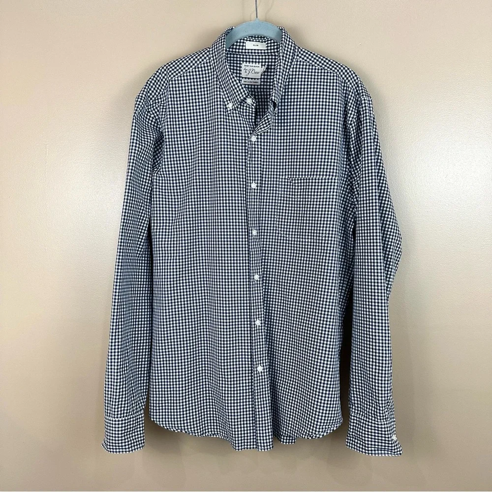 J Crew Men's Secret Wash Slim Fit Navy Blue Gingham Shirt Large Check Oxford